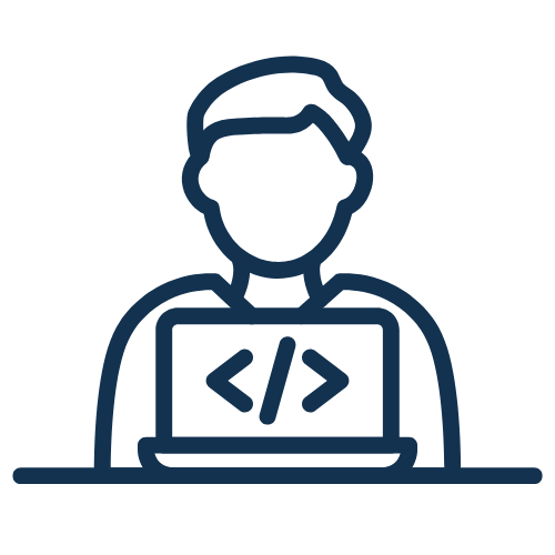 a man's silhouette in front of a laptop showing a coding sign on the laptop