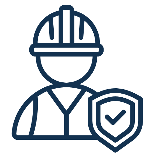 a person silhouette wearing a vest and a safety helmet, with a shield with a checkmark